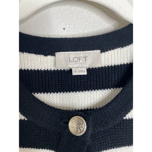 LOFT Black White Striped Cardigan Parisian Chic Minimalist Size M - Picture 2 of 6
